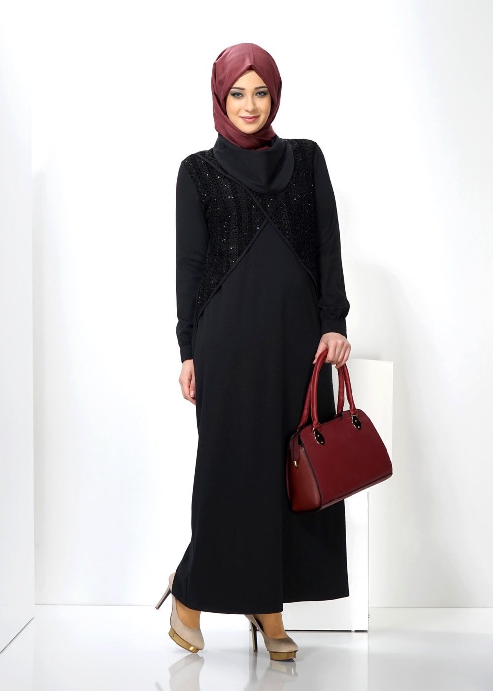 Tesettür giyim SİYAH 2440 WİNTER MİMOZA ELBİSE 44/50 TEK44