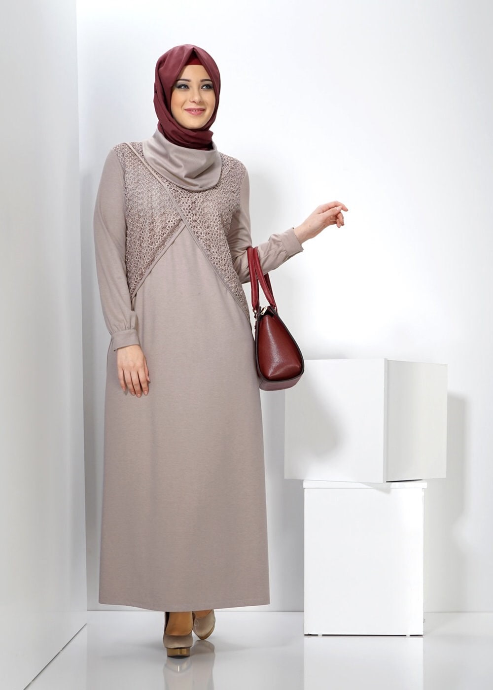 Tesettür giyim BEJ 2440 WİNTER MİMOZA ELBİSE 44/50 TEK44