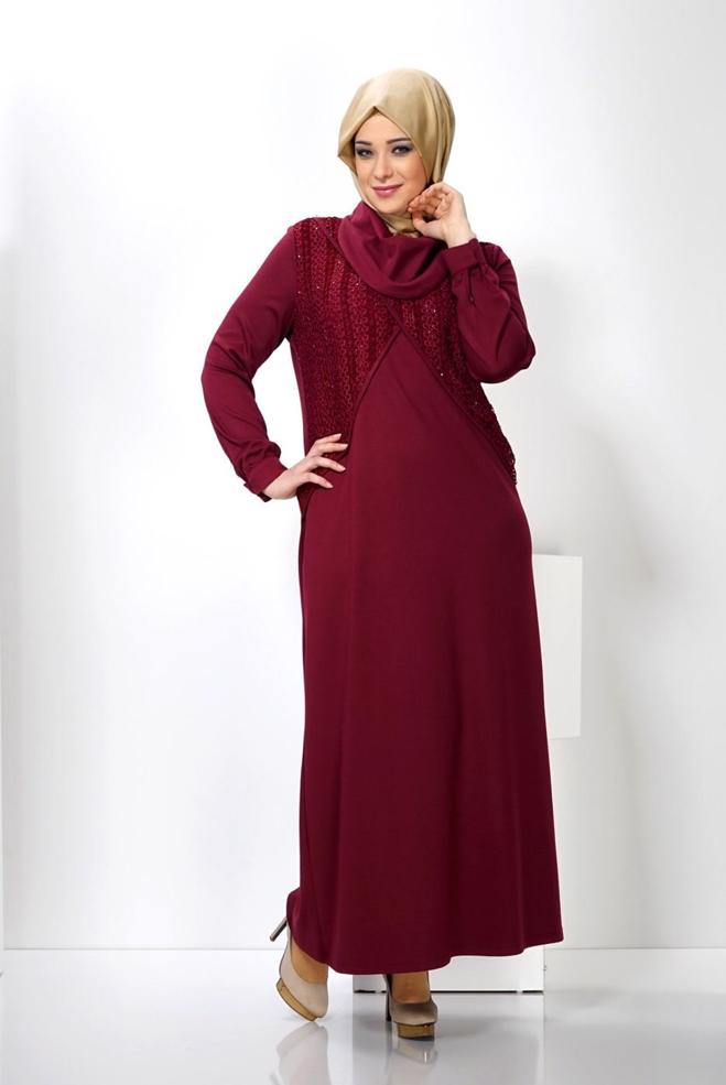 Hijab clothing CLARET RED 2440 WİNTER MİMOZA ELBİSE 44/50 TEK44 - ALVİNA