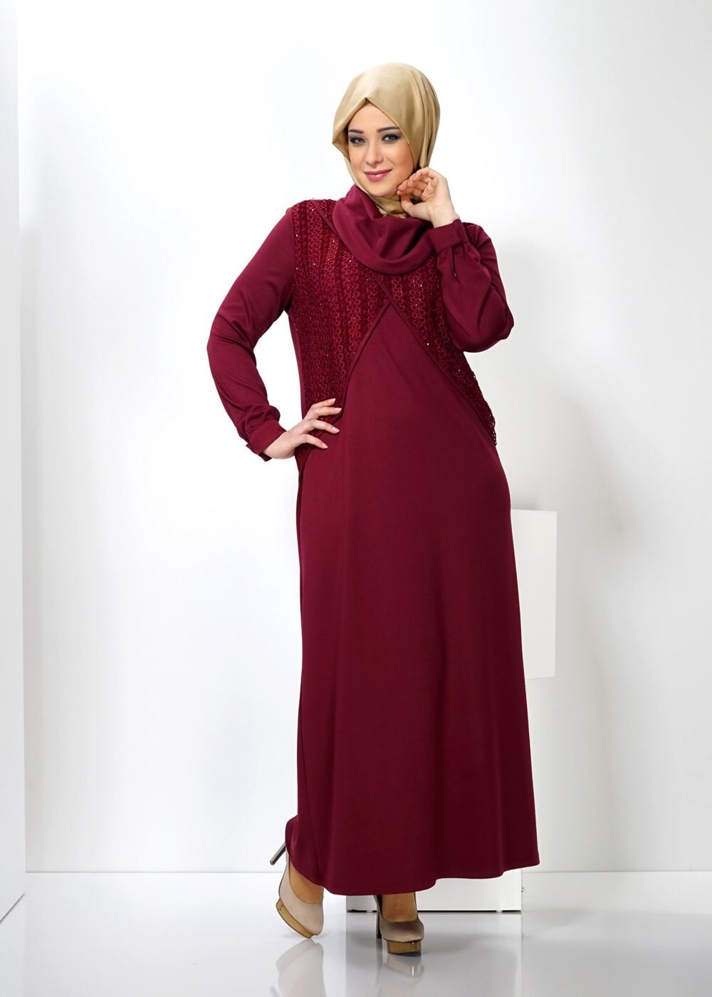 Tesettür giyim BORDO 2440 WİNTER MİMOZA ELBİSE 44/50 TEK44