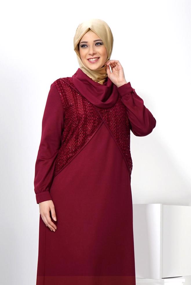 Hijab clothing CLARET RED 2440 WİNTER MİMOZA ELBİSE 44/50 TEK44 - ALVİNA