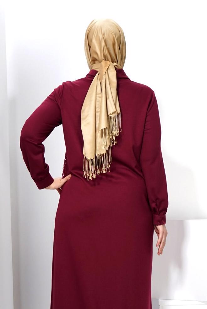 Hijab clothing CLARET RED 2440 WİNTER MİMOZA ELBİSE 44/50 TEK44 - ALVİNA