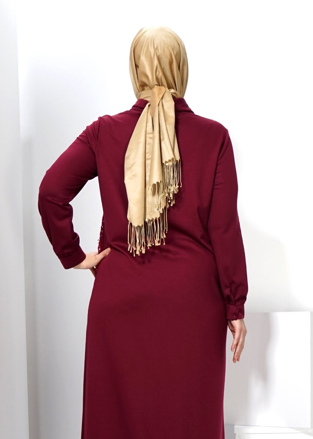Tesettür giyim BORDO 2440 WİNTER MİMOZA ELBİSE 44/50 TEK44