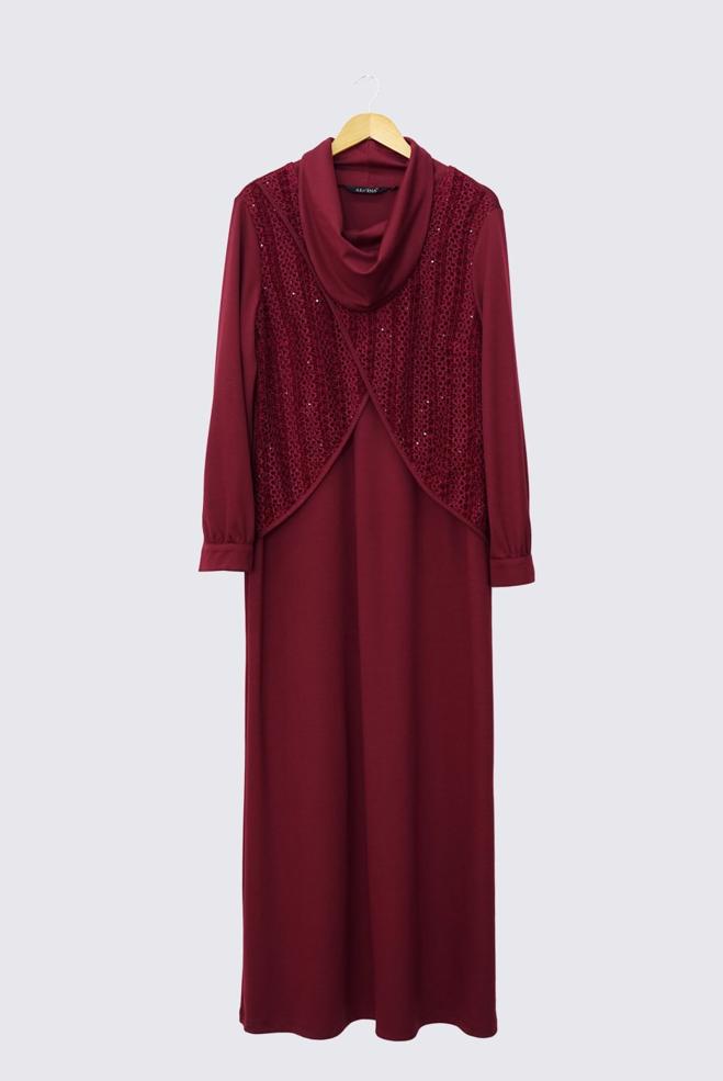 Hijab clothing CLARET RED 2440 WİNTER MİMOZA ELBİSE 44/50 TEK44 - ALVİNA