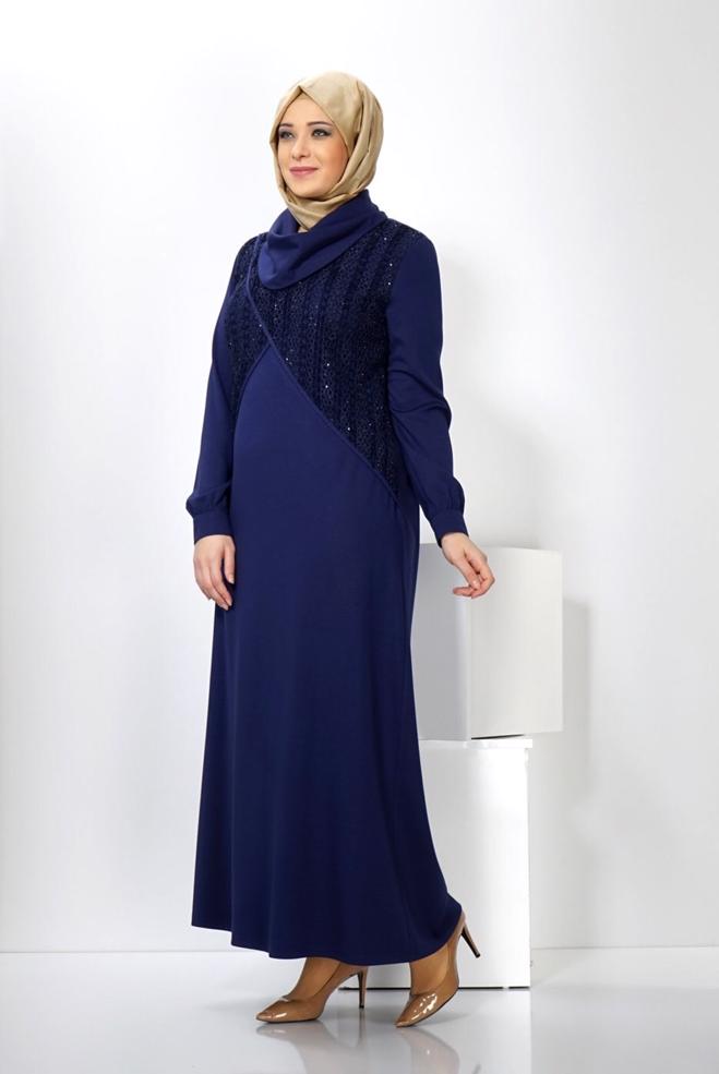 Hijab clothing NAVY BLUE 2440 WİNTER MİMOZA ELBİSE 44/50 TEK44 - ALVİNA