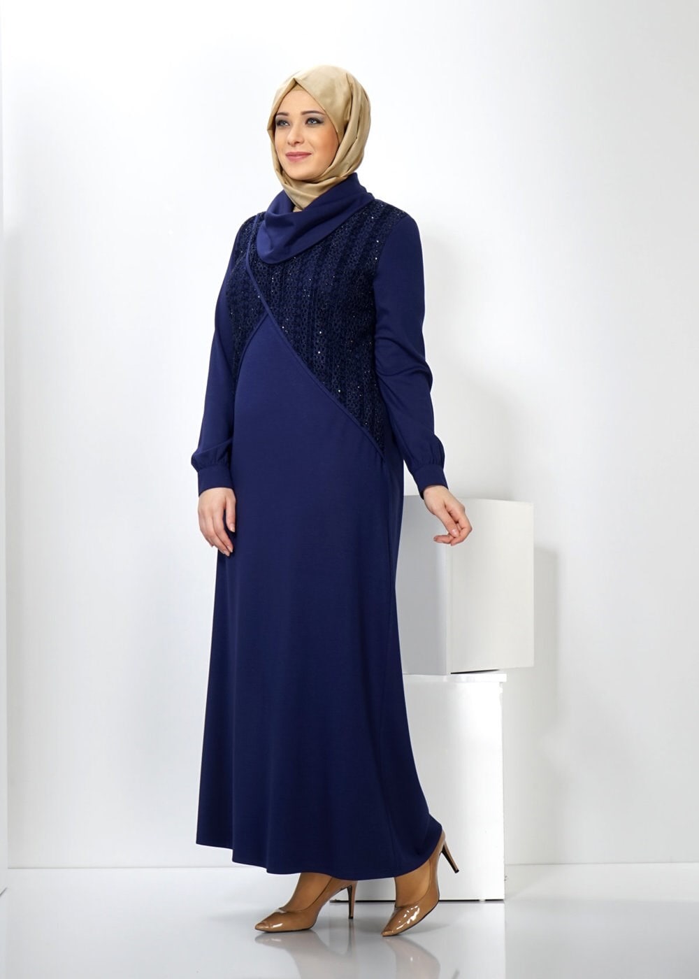 Tesettür giyim LACİVERT 2440 WİNTER MİMOZA ELBİSE 44/50 TEK44