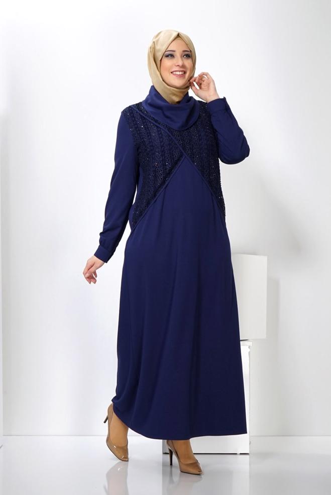 Hijab clothing NAVY BLUE 2440 WİNTER MİMOZA ELBİSE 44/50 TEK44 - ALVİNA