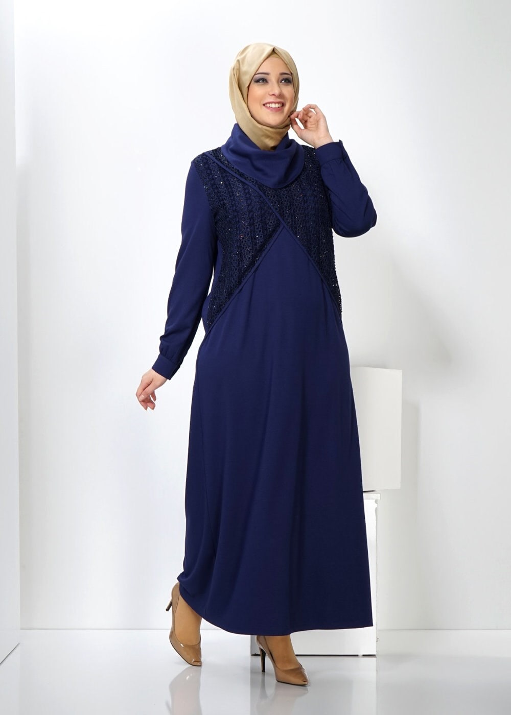 Tesettür giyim LACİVERT 2440 WİNTER MİMOZA ELBİSE 44/50 TEK44