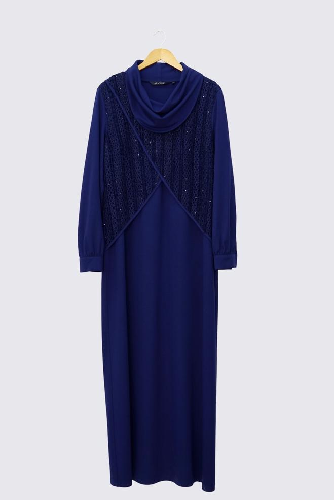 Hijab clothing NAVY BLUE 2440 WİNTER MİMOZA ELBİSE 44/50 TEK44 - ALVİNA