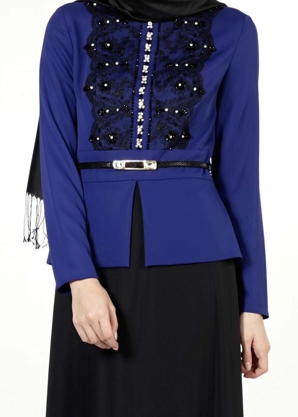 Tesettür giyim MAVİ İŞLEMELİ TAŞ DETAYLI ELBİSE 3025