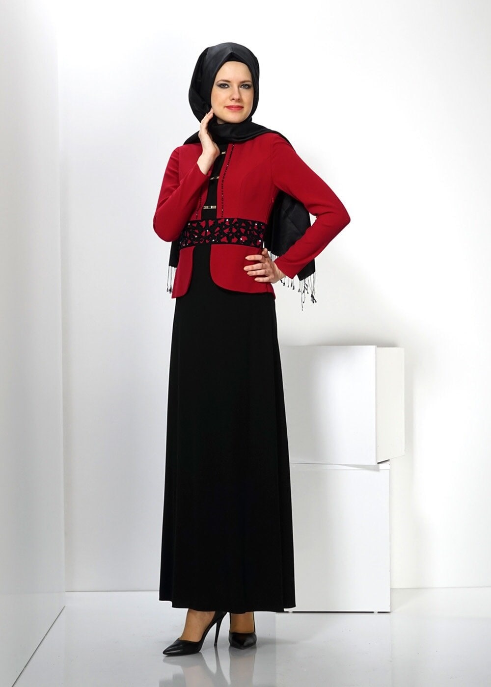 Tesettür giyim KIRMIZI 3026 SENTİ DÜZ ELBİSE 38/46