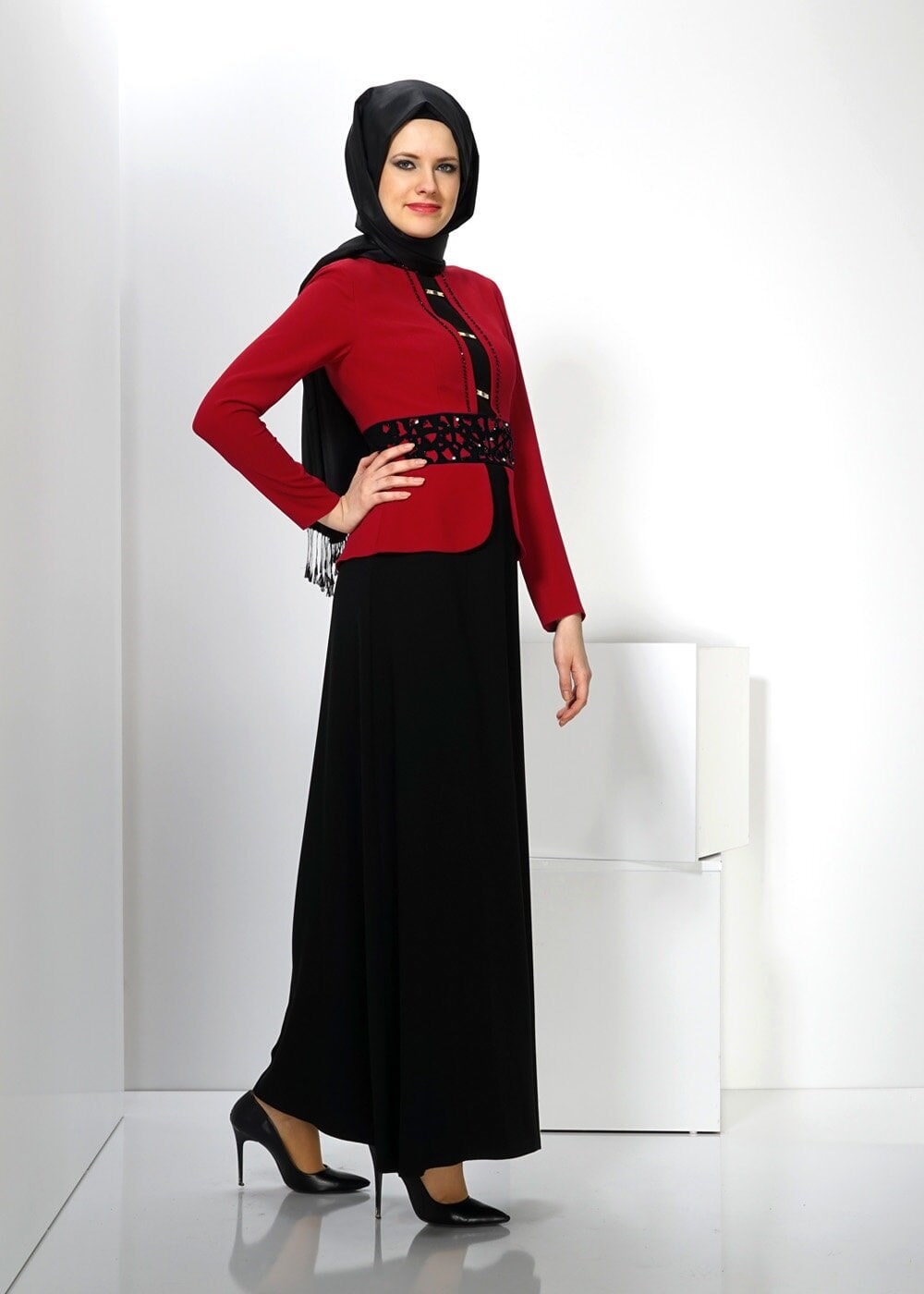 Tesettür giyim KIRMIZI 3026 SENTİ DÜZ ELBİSE 38/46