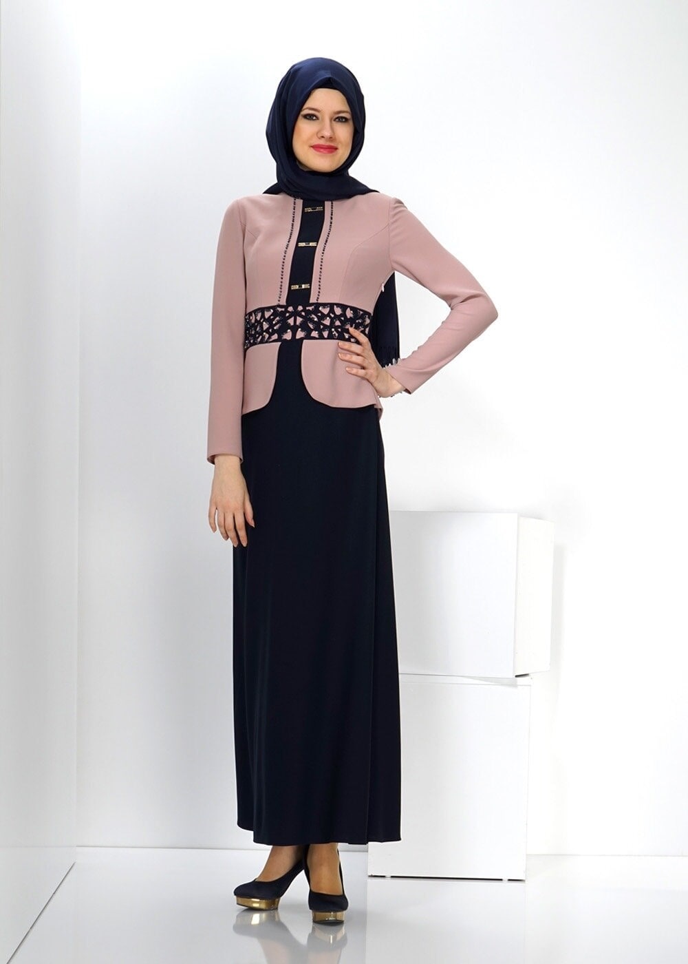 Tesettür giyim PUDRA 3026 SENTİ DÜZ ELBİSE 38/46