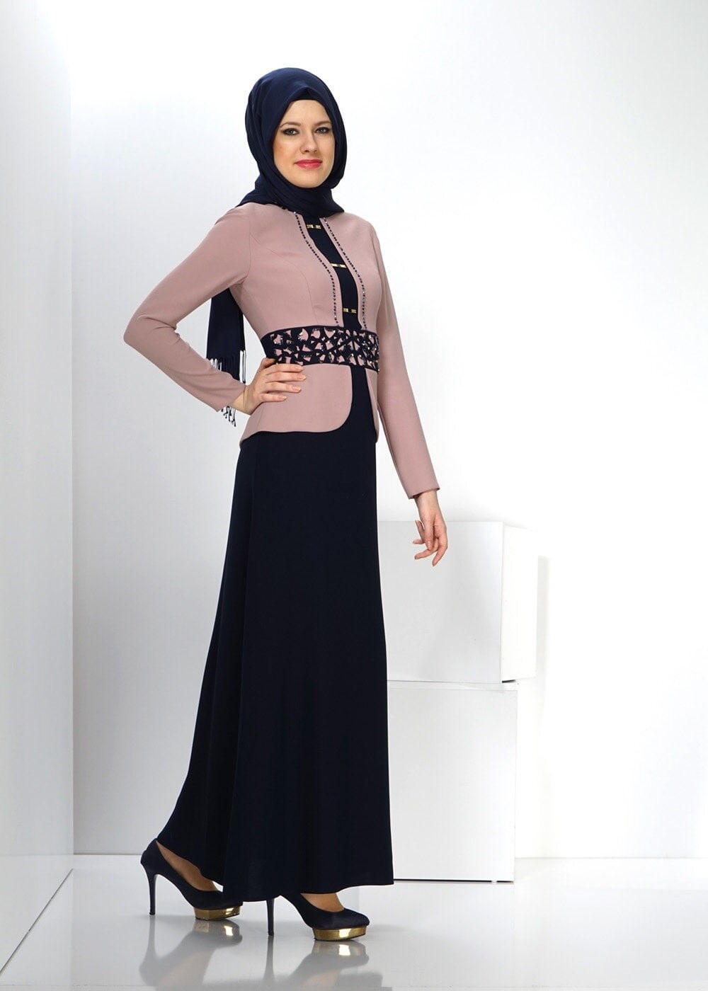 Tesettür giyim PUDRA 3026 SENTİ DÜZ ELBİSE 38/46