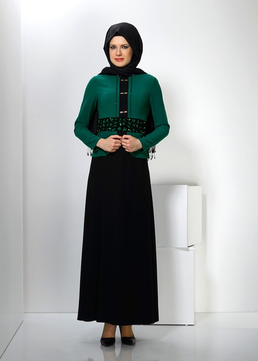 Tesettür giyim YEŞİL 3026 SENTİ DÜZ ELBİSE 38/46