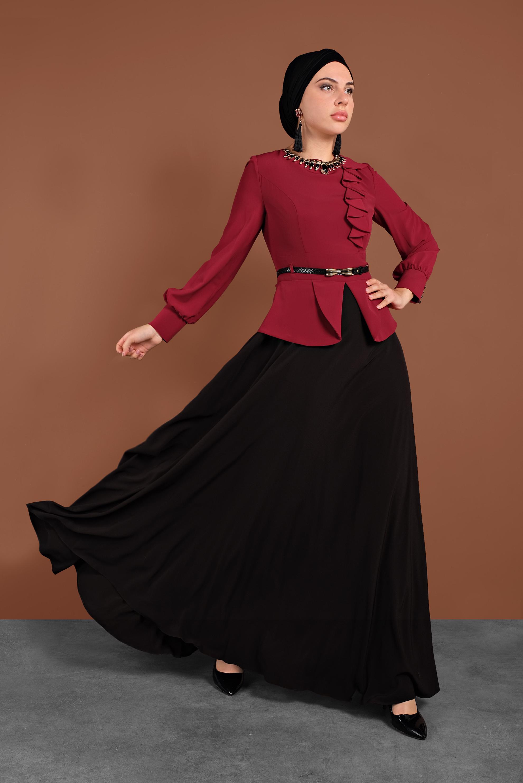 Hijab clothing CLARET RED 3048 MİNİ BURBLE ELBİSE 38/44