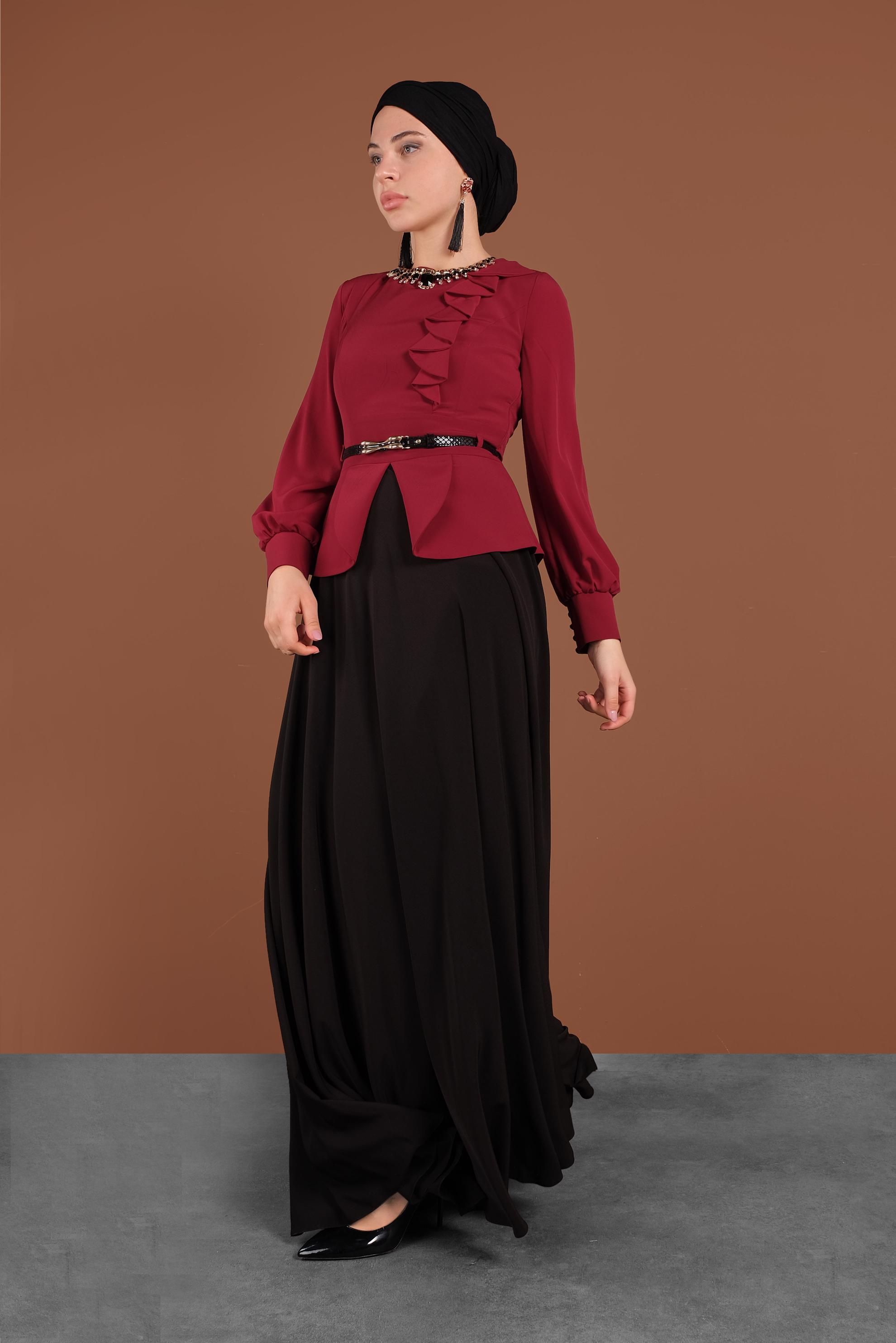 Hijab clothing CLARET RED 3048 MİNİ BURBLE ELBİSE 38/44