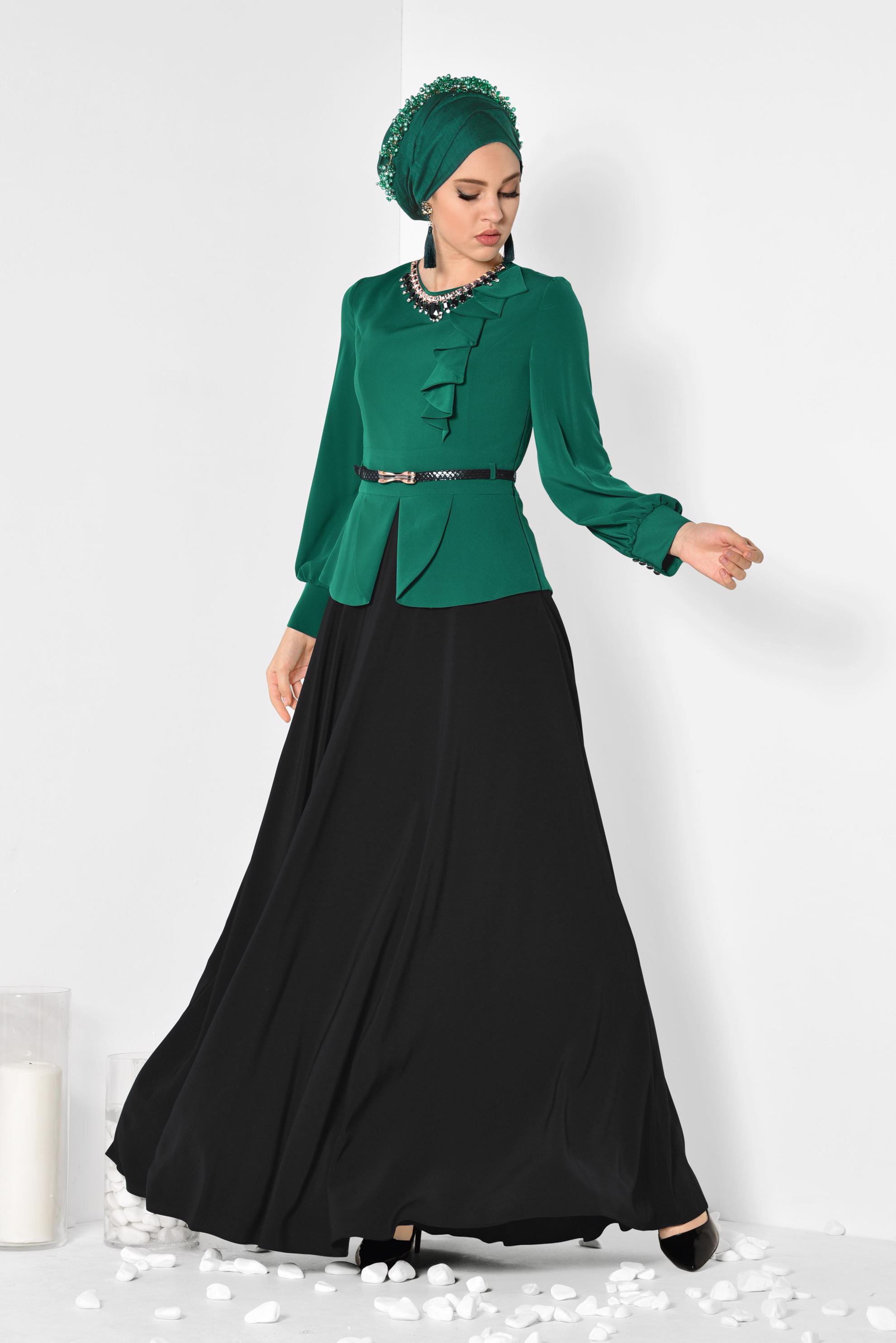 Hijab clothing GREEN 3048 MİNİ BURBLE ELBİSE 38/44