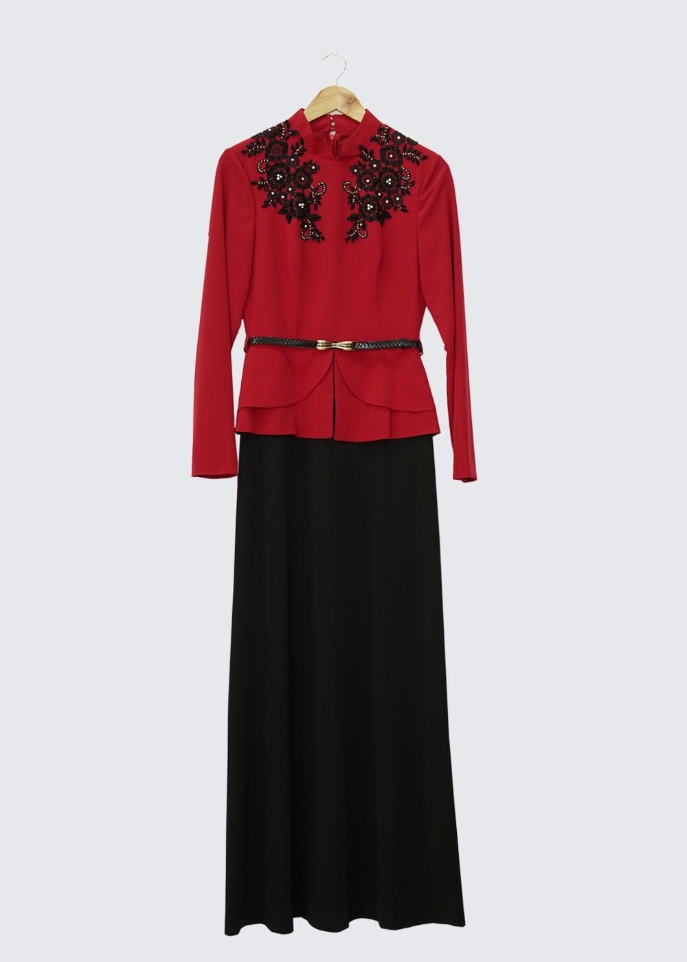 Tesettür giyim BORDO İŞLEMELİ TAŞ BASKILI ELBİSE 3049