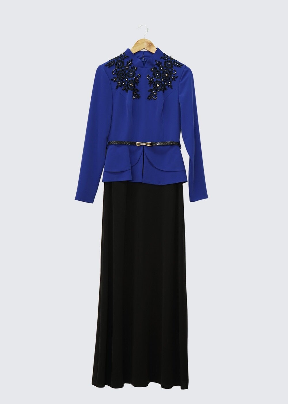 Tesettür giyim LACİVERT İŞLEMELİ TAŞ BASKILI ELBİSE 3049