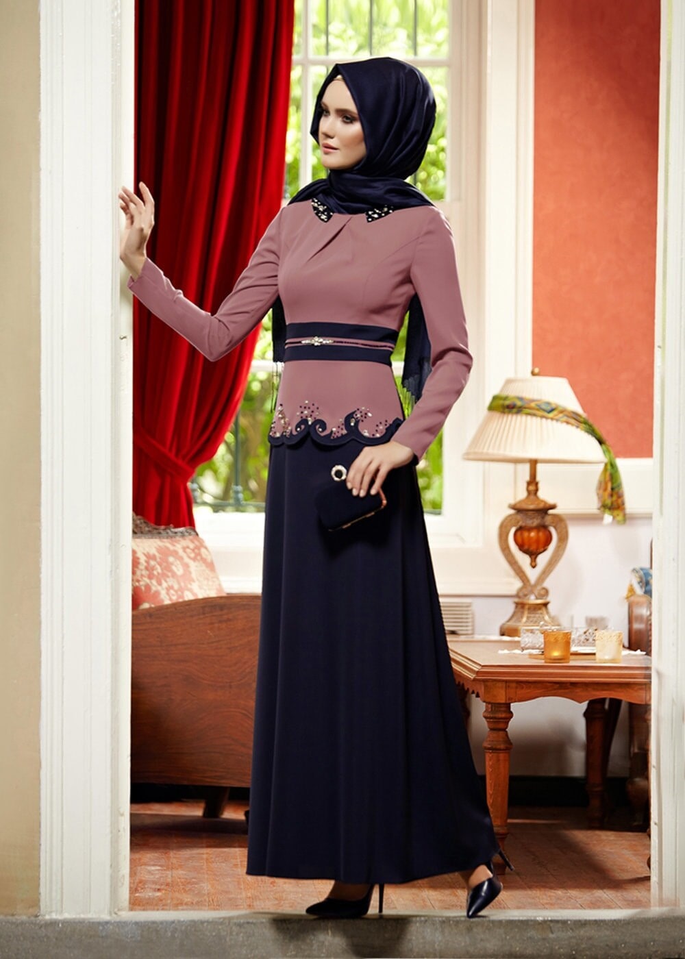 Tesettür giyim PEMBE TAŞ BASKILI ELBİSE 3050