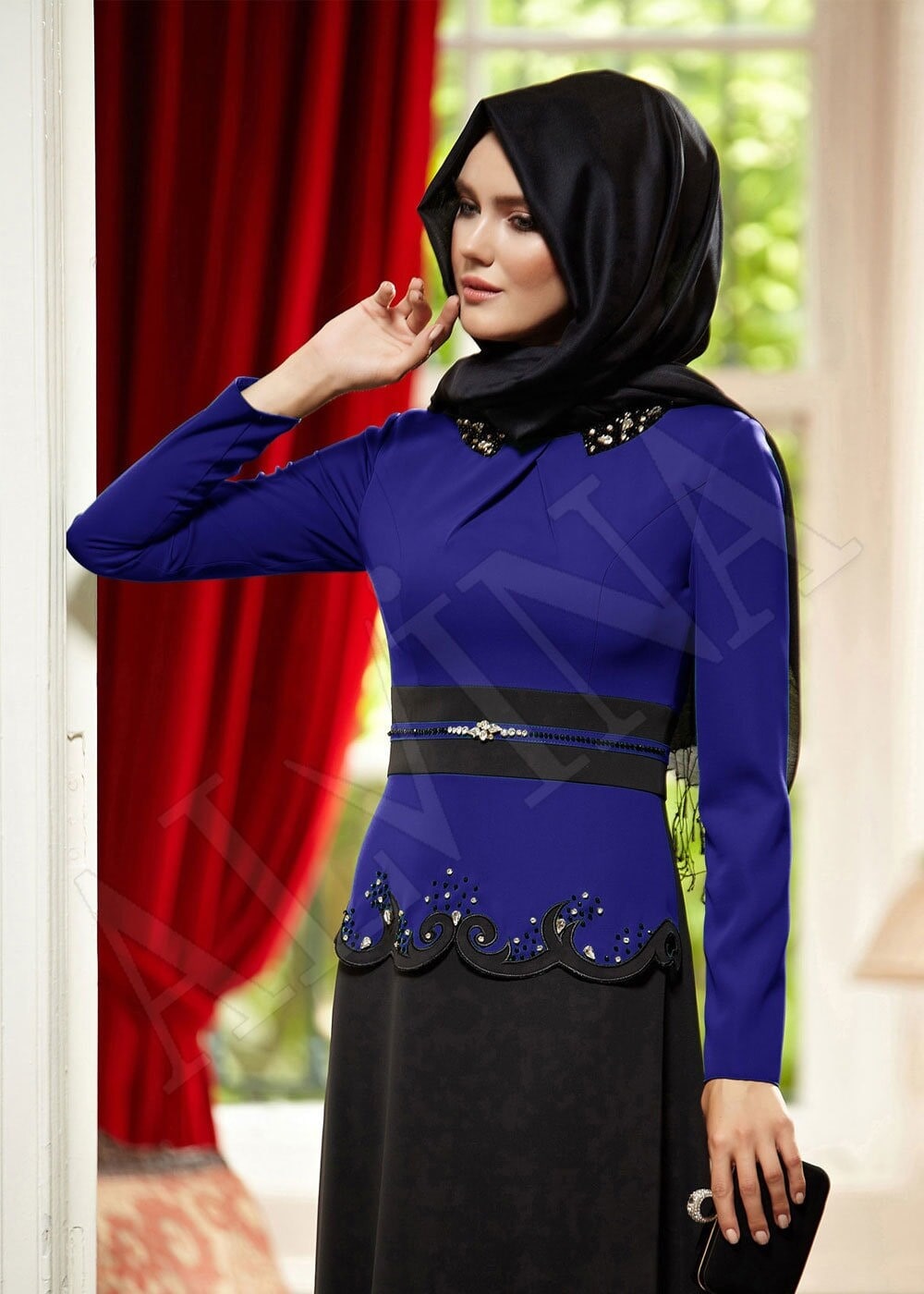 Tesettür giyim MAVİ TAŞ BASKILI ELBİSE 3050