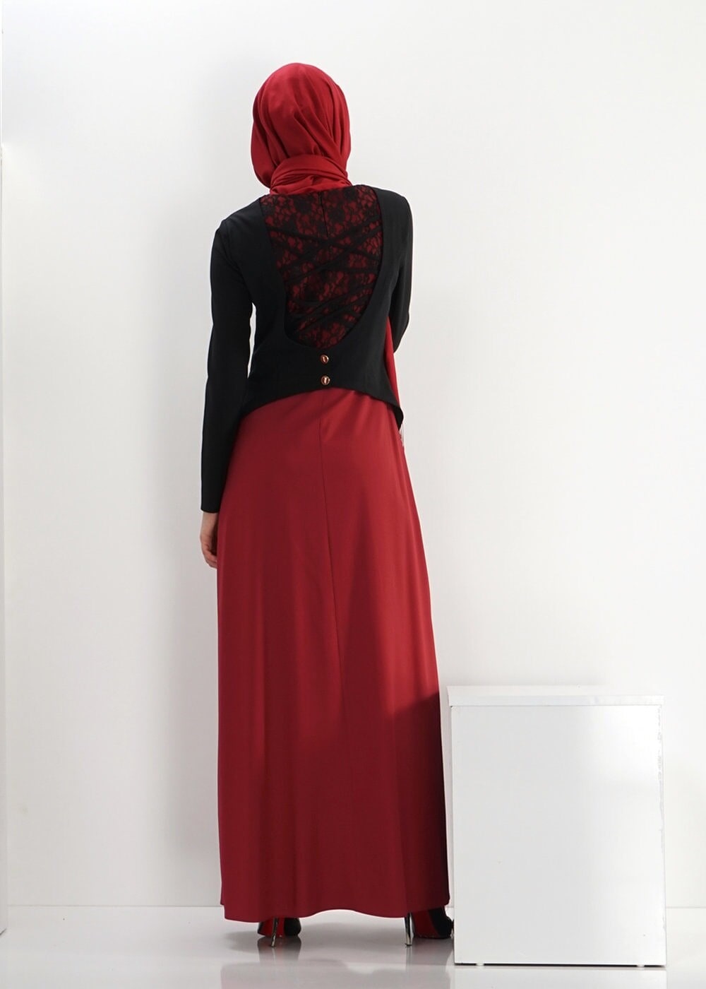 Tesettür giyim BORDO DANTEL DETAYLI ELBİSE 4242