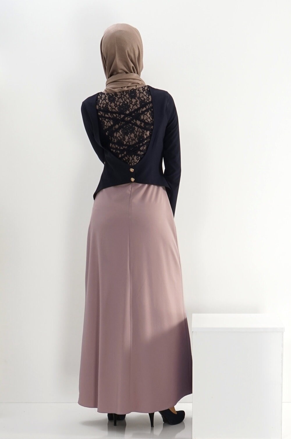 Tesettür giyim PEMBE DANTEL DETAYLI ELBİSE 4242
