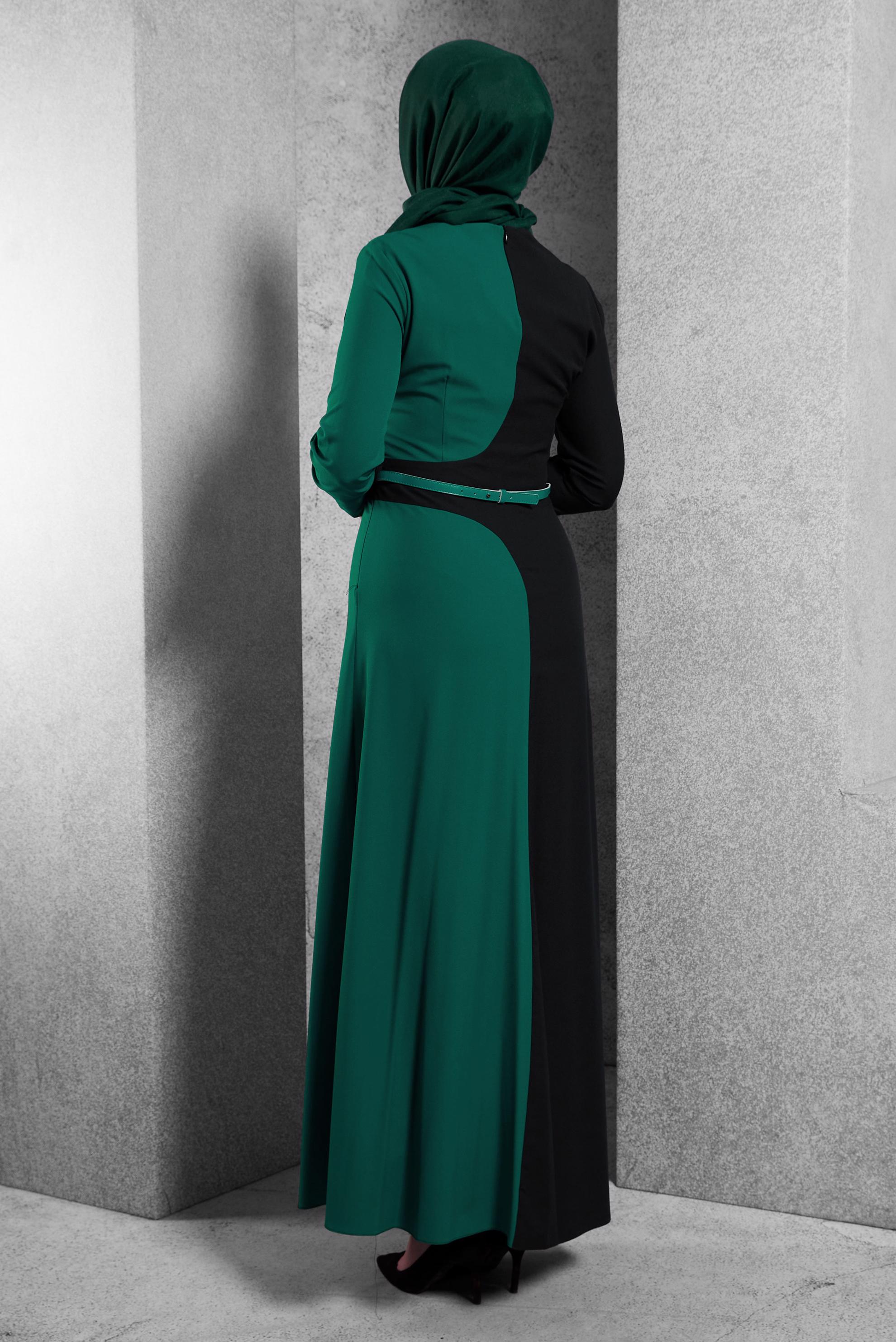 Tesettür giyim YEŞİL RENK BLOKLU ELBİSE 4301