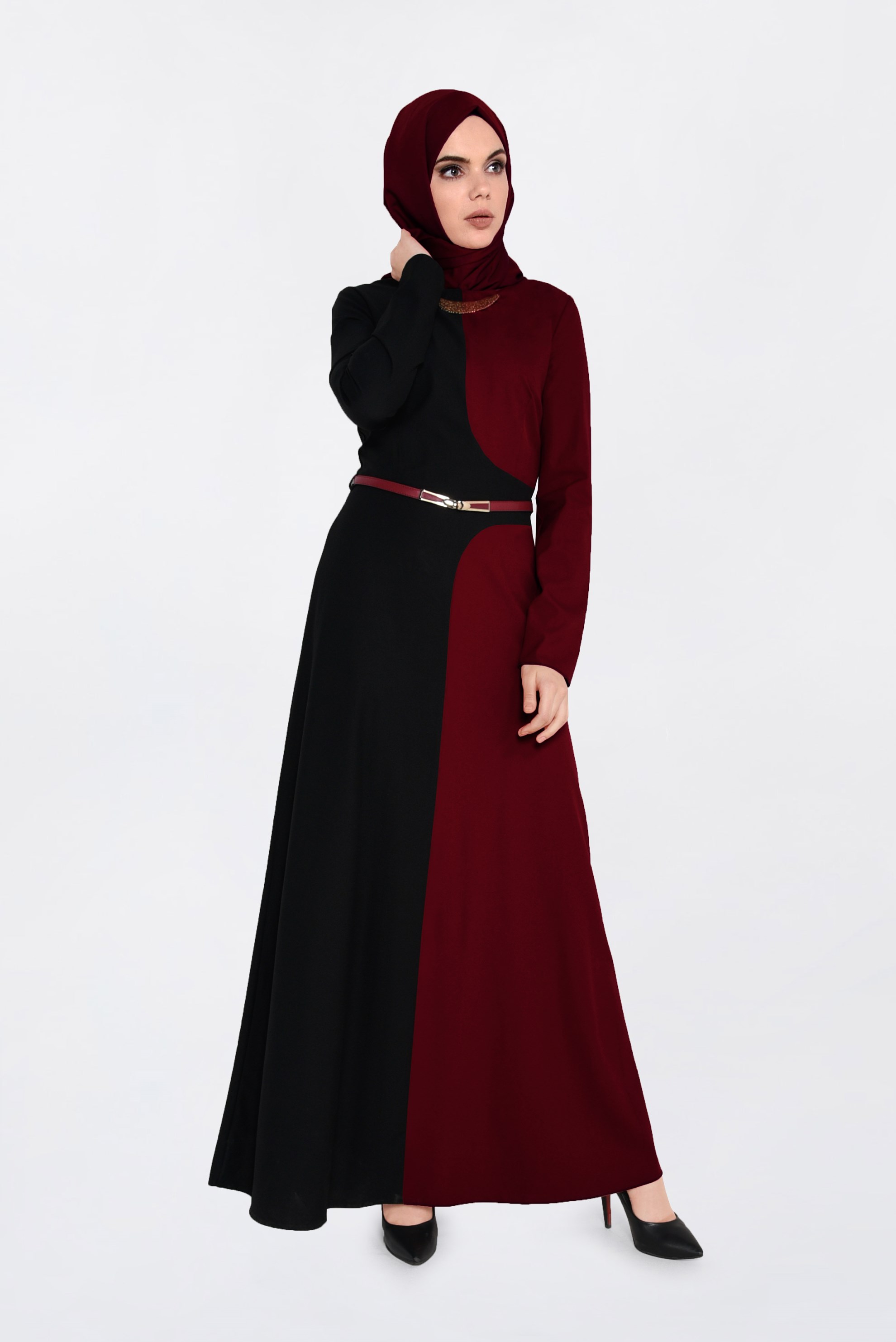 Tesettür giyim BORDO RENK BLOKLU ELBİSE 4301