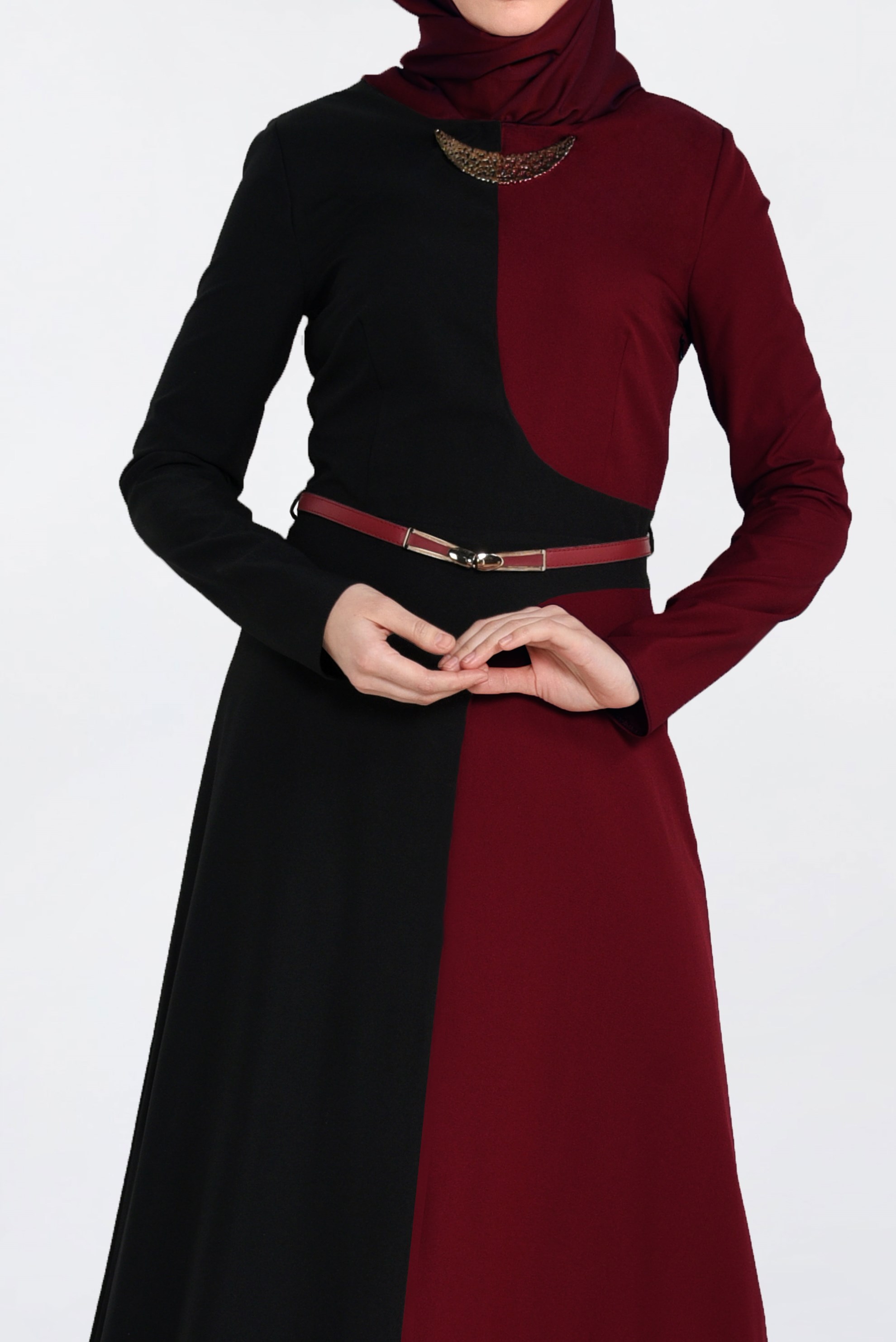 Tesettür giyim BORDO RENK BLOKLU ELBİSE 4301