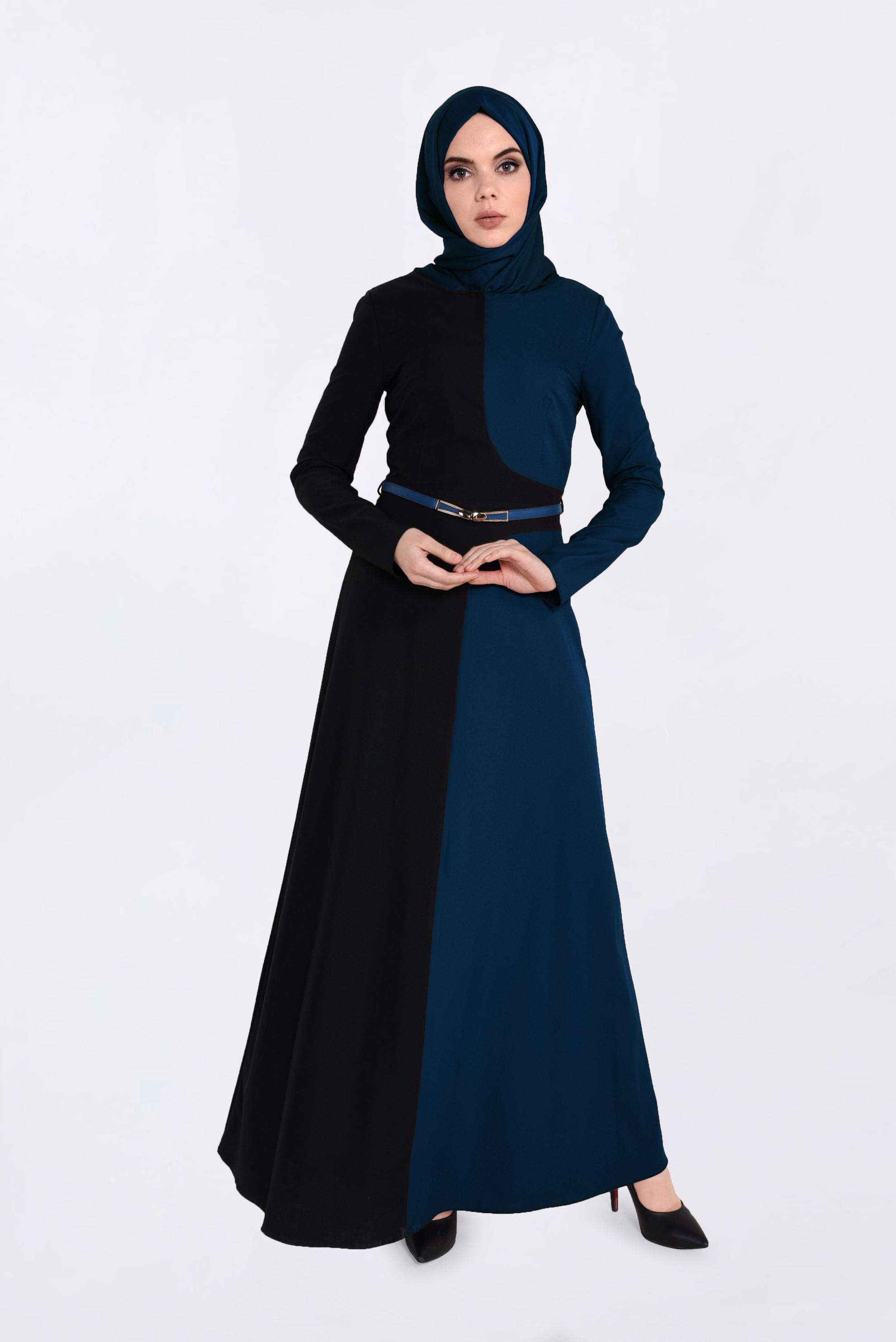 Tesettür giyim MAVİ RENK BLOKLU ELBİSE 4301