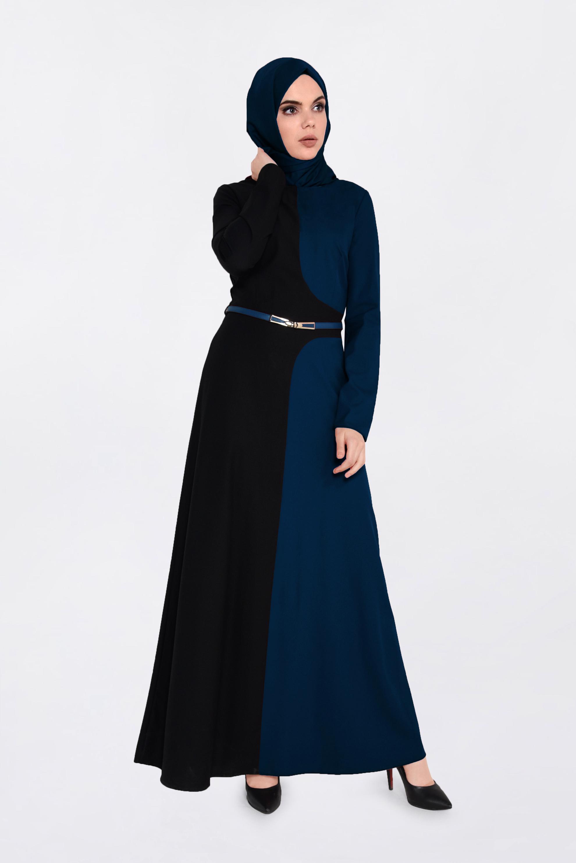 Tesettür giyim MAVİ RENK BLOKLU ELBİSE 4301