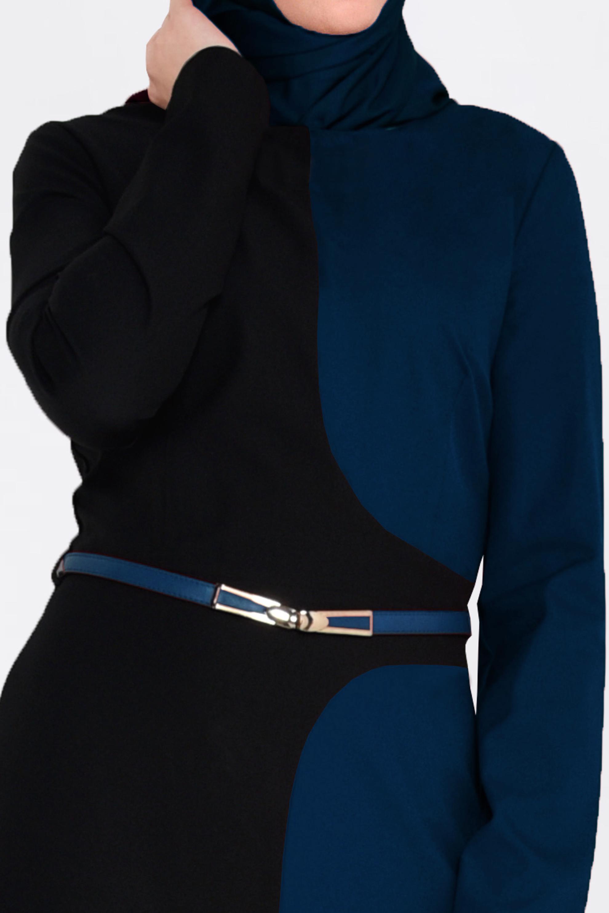 Tesettür giyim MAVİ RENK BLOKLU ELBİSE 4301