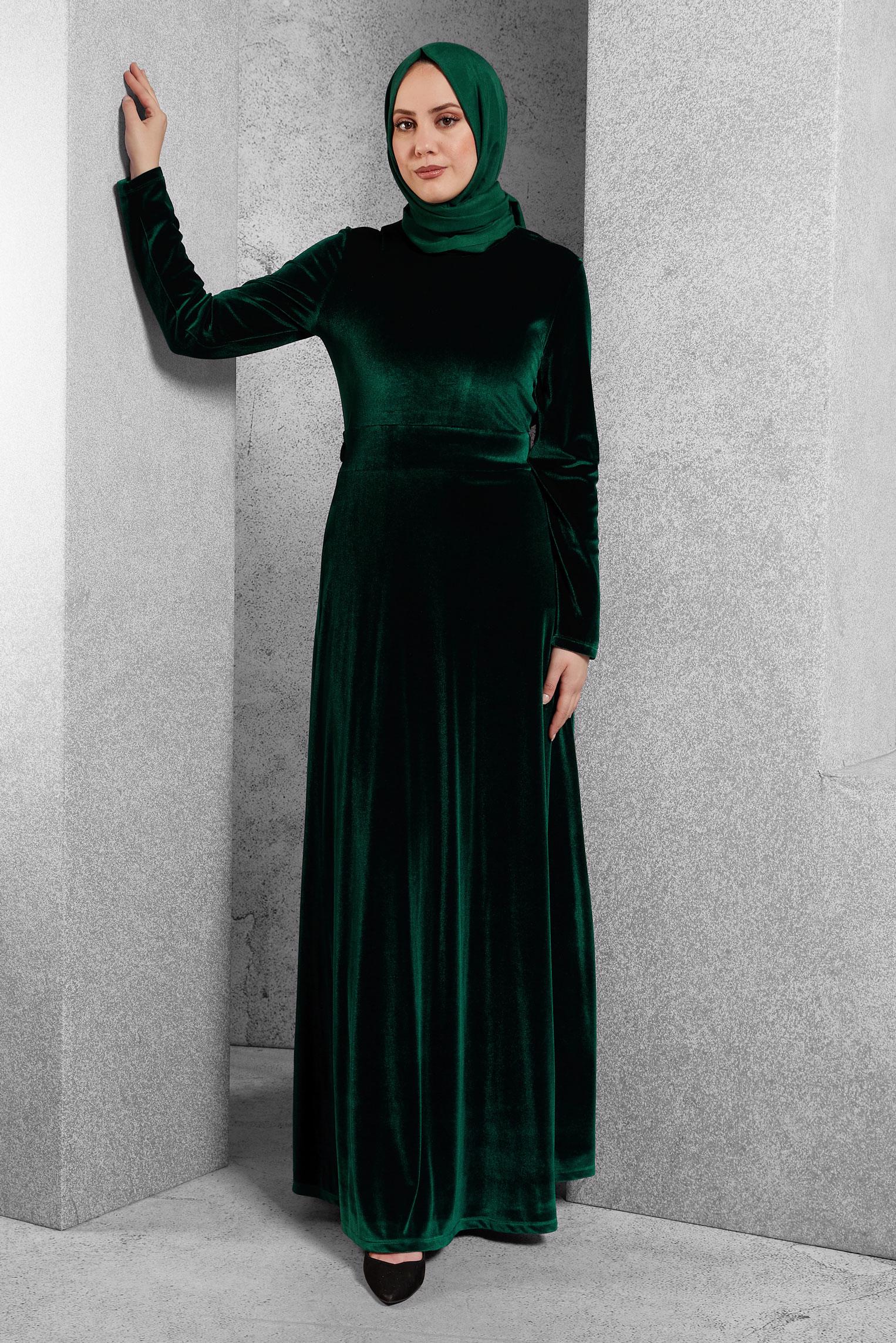 Tesettür giyim YEŞİL KADİFE ELBİSE 4303