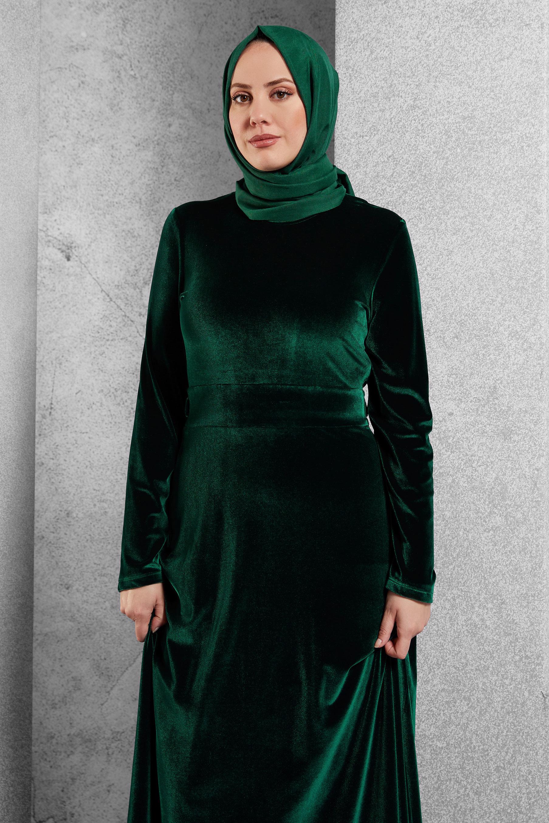 Tesettür giyim YEŞİL KADİFE ELBİSE 4303