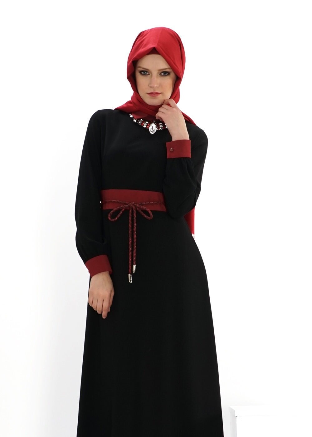 Tesettür giyim SİYAH İKİ RENKLİ GÖMLEK YAKA ELBİSE 4312