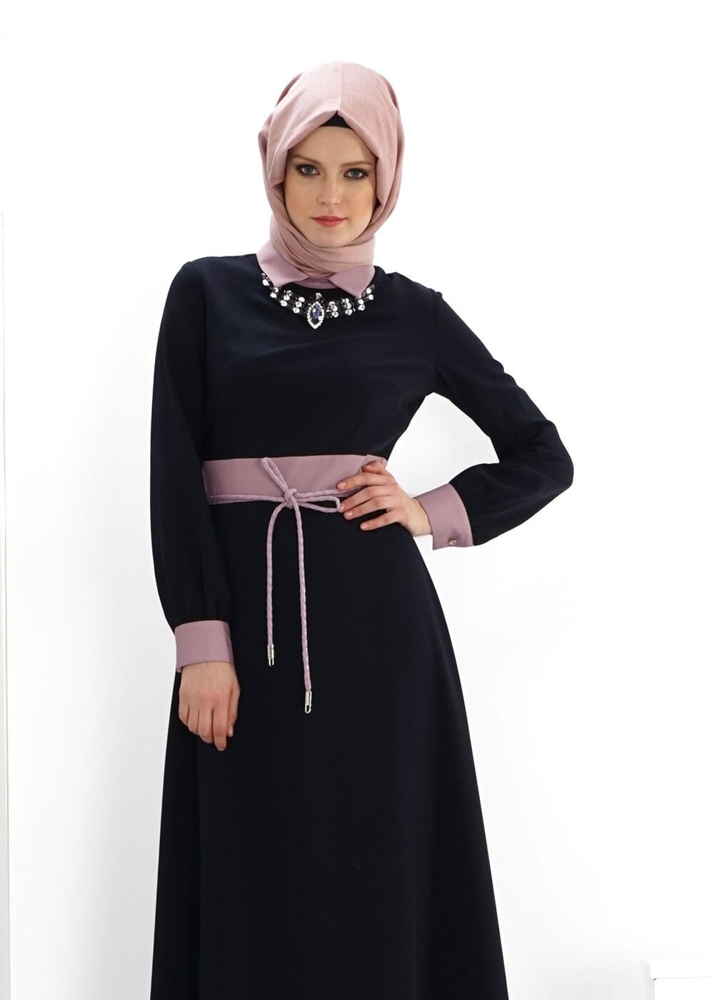 Tesettür giyim LACİVERT İKİ RENKLİ GÖMLEK YAKA ELBİSE 4312