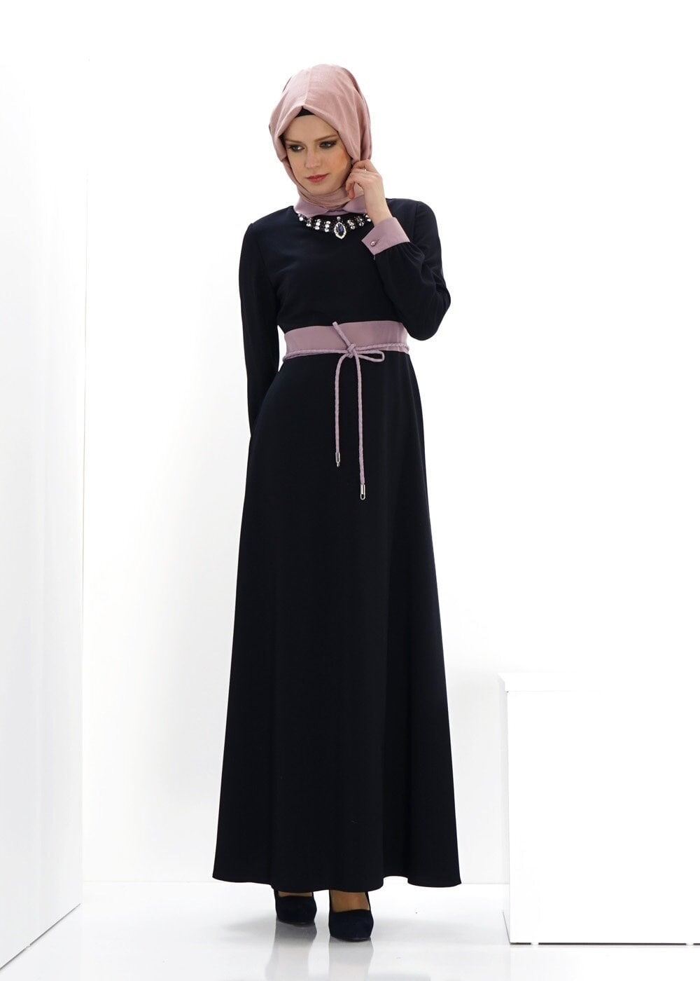 Tesettür giyim LACİVERT İKİ RENKLİ GÖMLEK YAKA ELBİSE 4312