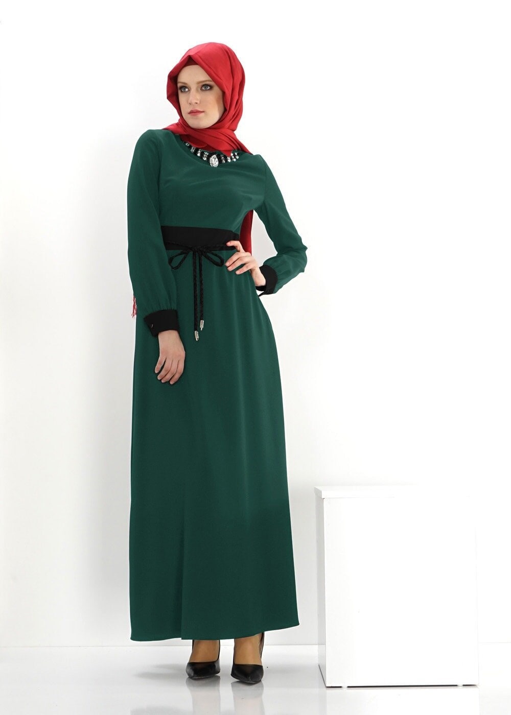 Tesettür giyim YEŞİL İKİ RENKLİ GÖMLEK YAKA ELBİSE 4312