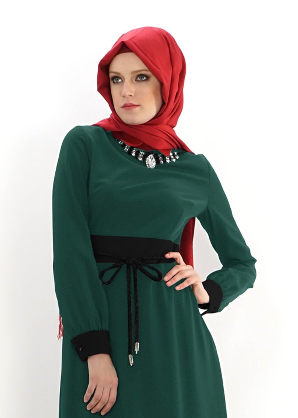 Tesettür giyim YEŞİL İKİ RENKLİ GÖMLEK YAKA ELBİSE 4312