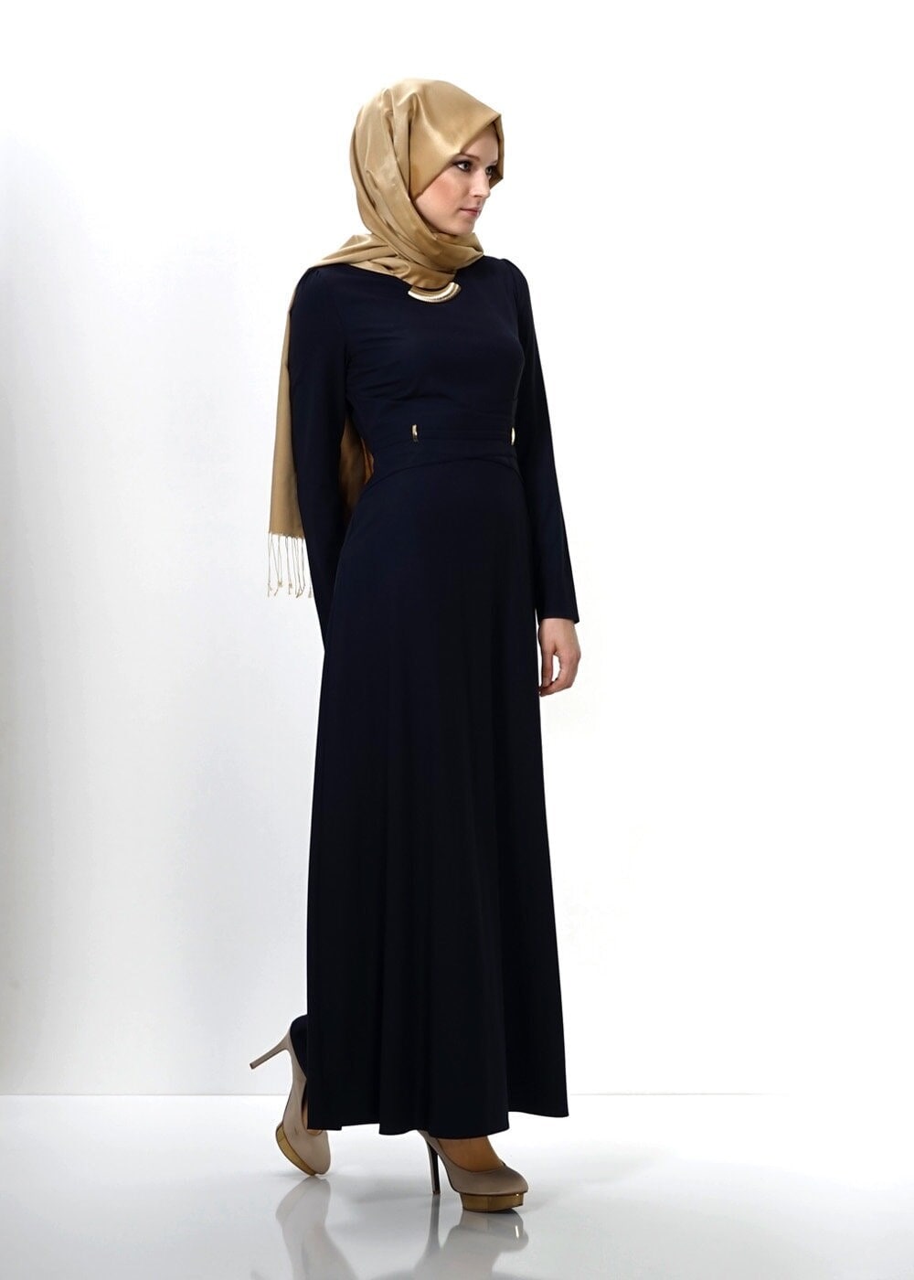 Tesettür giyim LACİVERT BELİ KUŞAKLI ELBİSE 4313