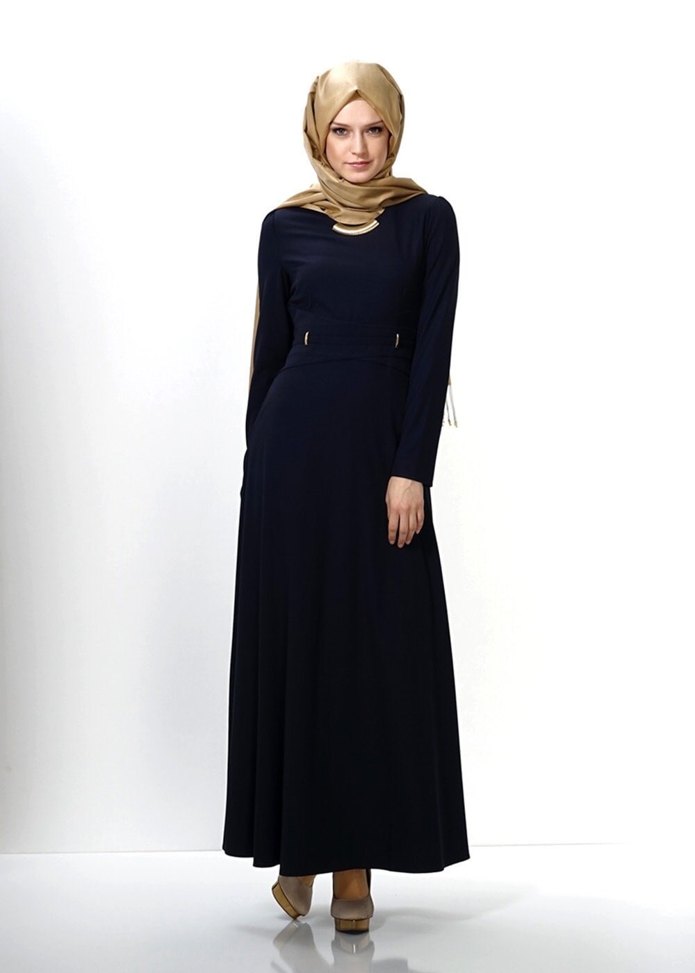 Tesettür giyim LACİVERT BELİ KUŞAKLI ELBİSE 4313