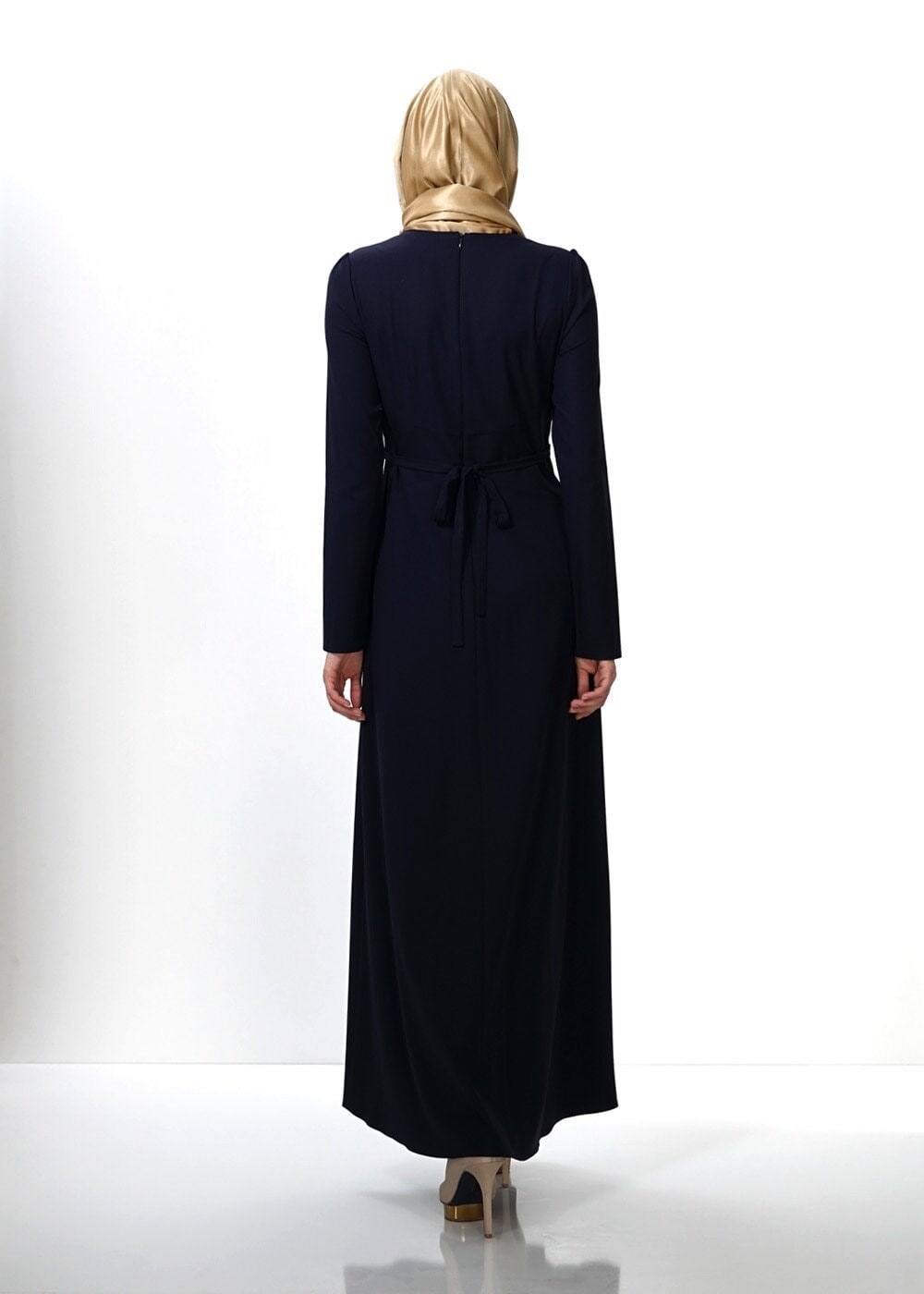 Tesettür giyim LACİVERT BELİ KUŞAKLI ELBİSE 4313