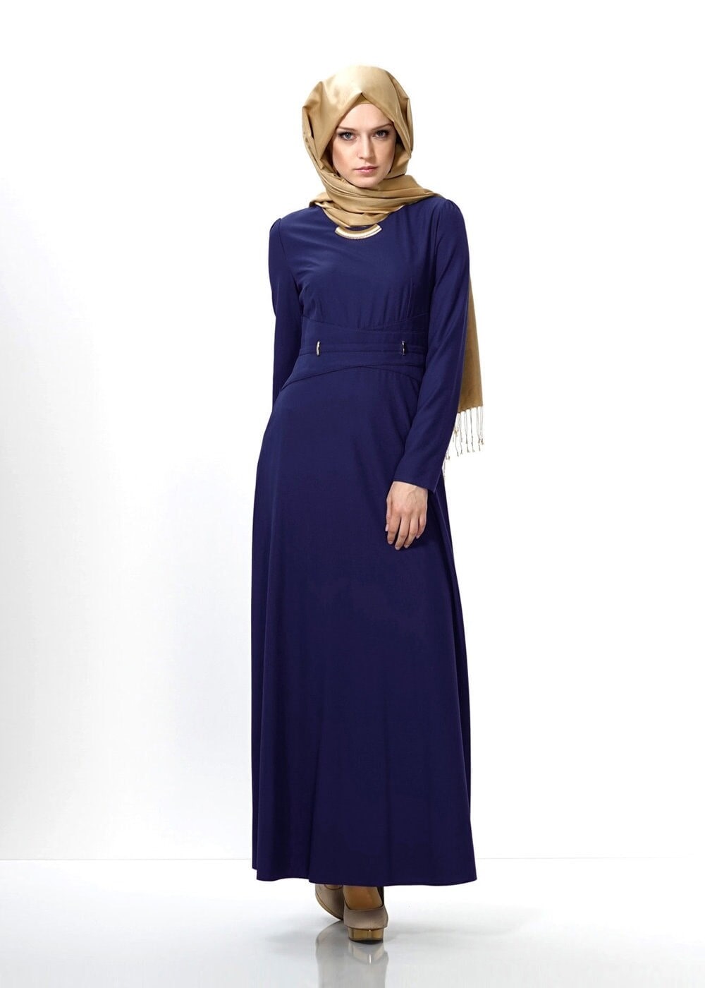 Tesettür giyim LACİVERT BELİ KUŞAKLI ELBİSE 4313