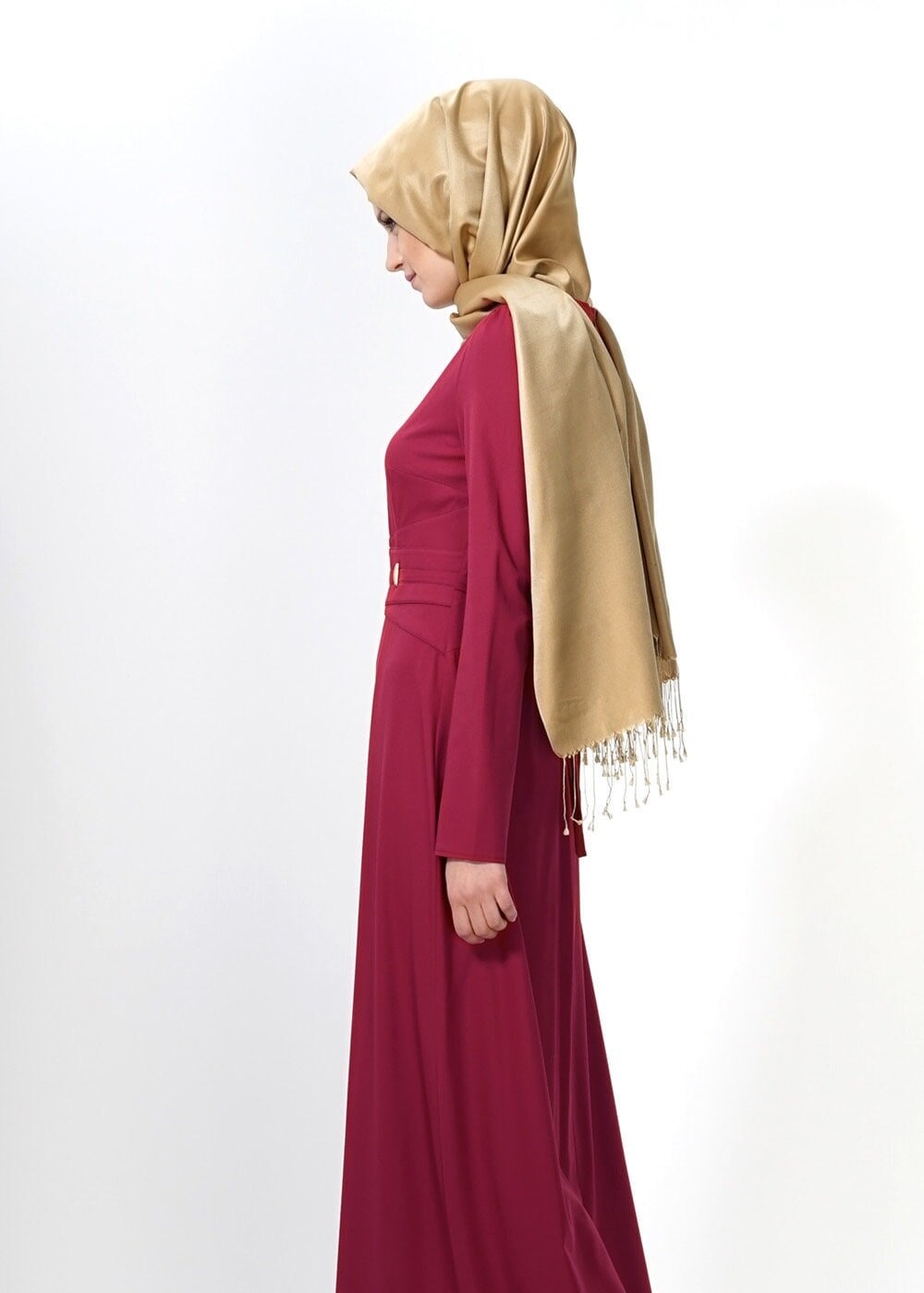 Tesettür giyim BORDO BELİ KUŞAKLI ELBİSE 4313