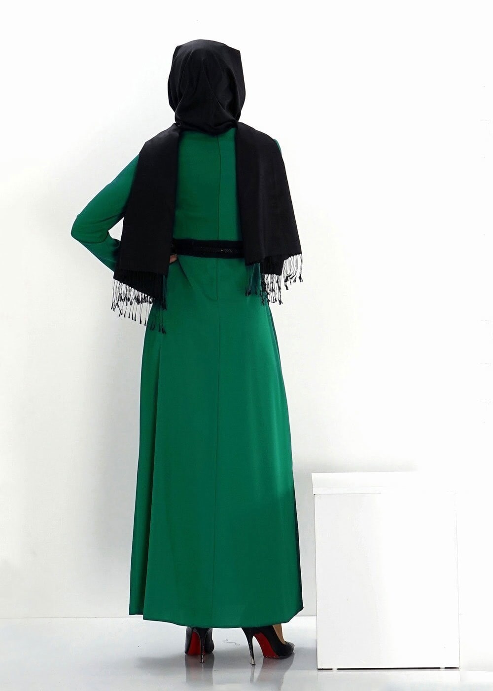 Tesettür giyim YEŞİL ŞERİT DETAYLI METAL KEMERLİ ELBİSE 4338