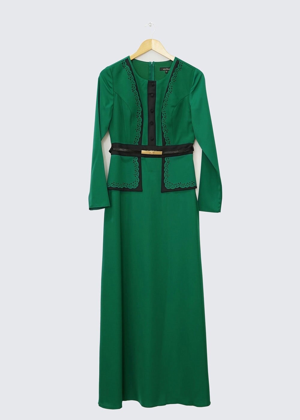 Tesettür giyim YEŞİL ŞERİT DETAYLI METAL KEMERLİ ELBİSE 4338