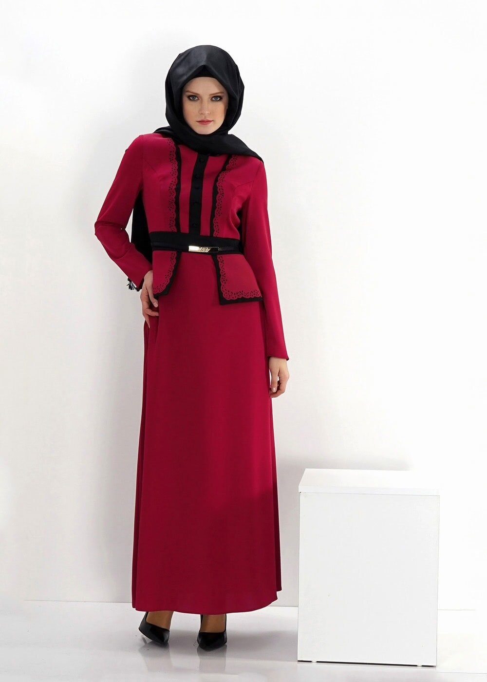 Tesettür giyim MÜRDÜM ŞERİT DETAYLI METAL KEMERLİ ELBİSE 4338