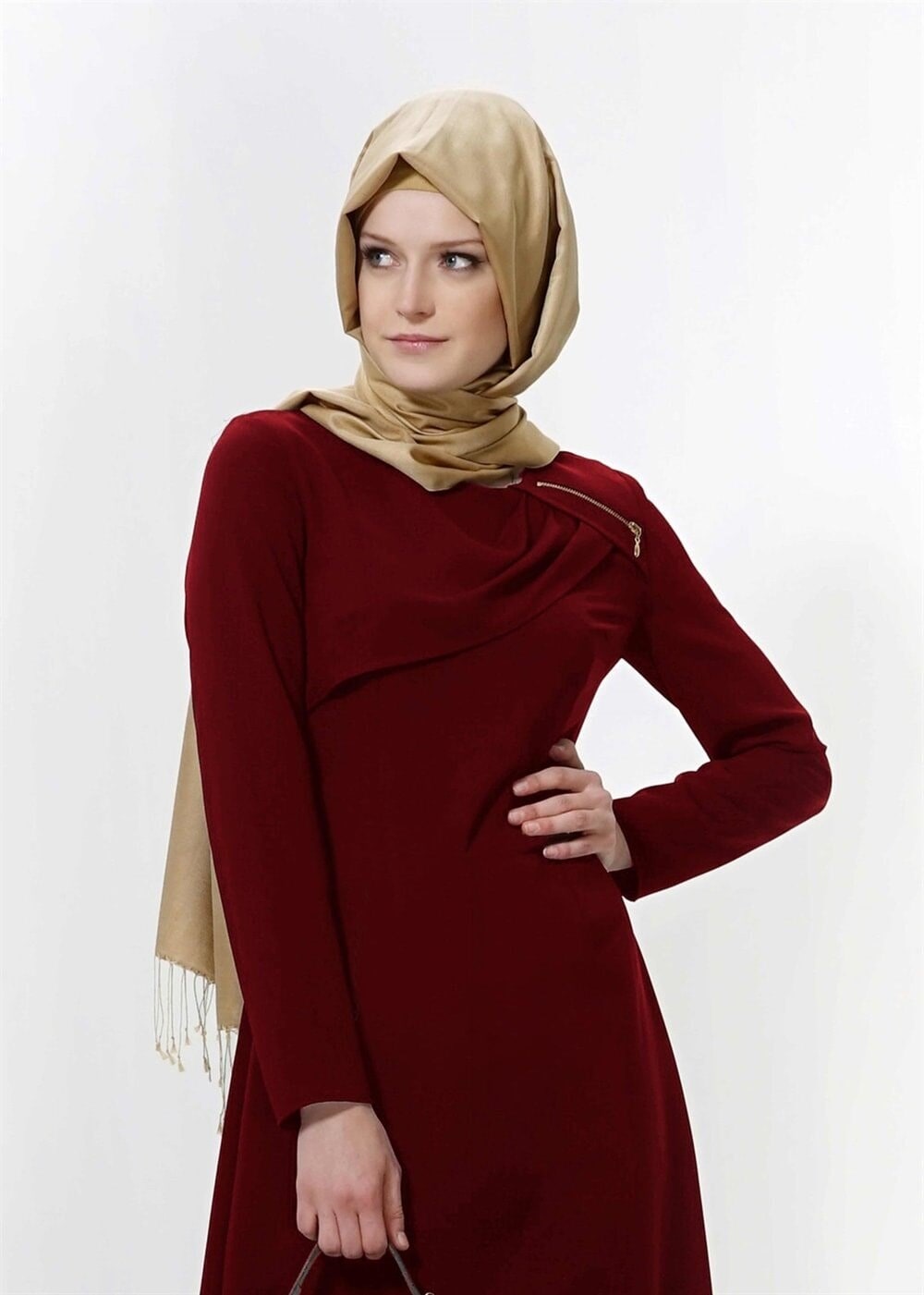 Tesettür giyim BORDO FERMUAR DETAYLI ELBİSE 4354 